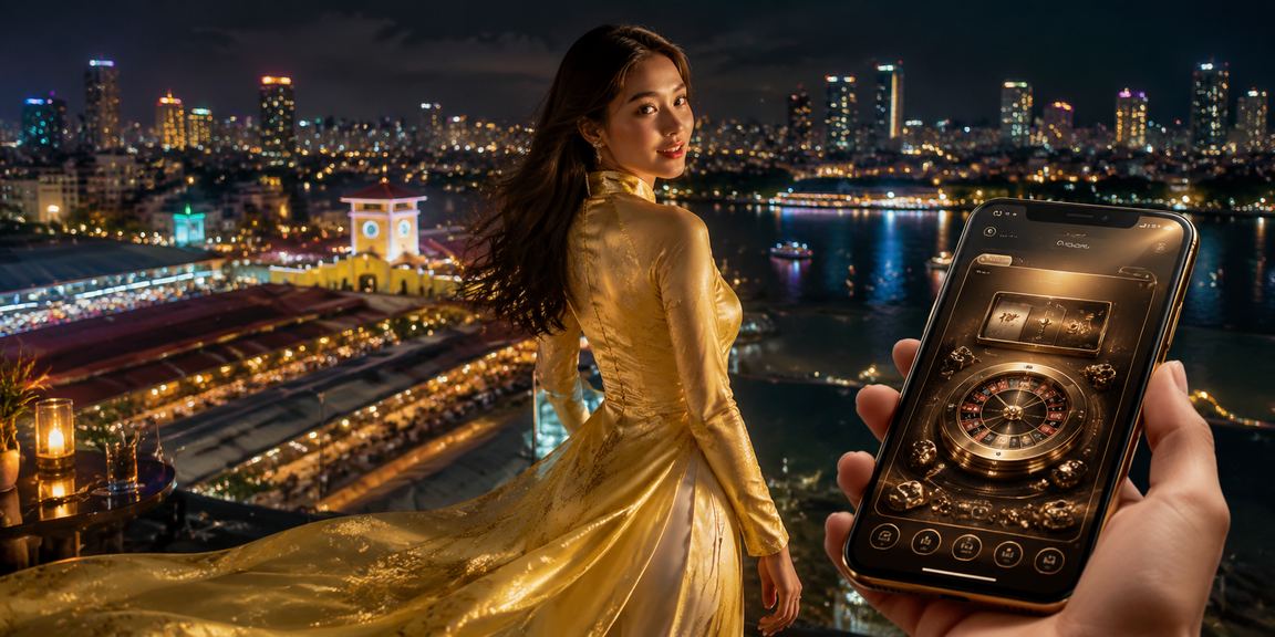 Người chơi tại TP.HCM trải nghiệm casino trực tuyến trên điện thoại di động với trang phục áo dài truyền thống