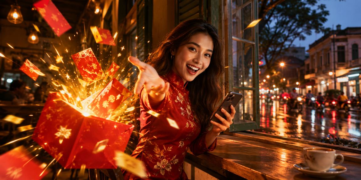 Người dùng tại TP.HCM nhận lì xì kỹ thuật số và bonus Tết trên điện thoại bên ly cà phê