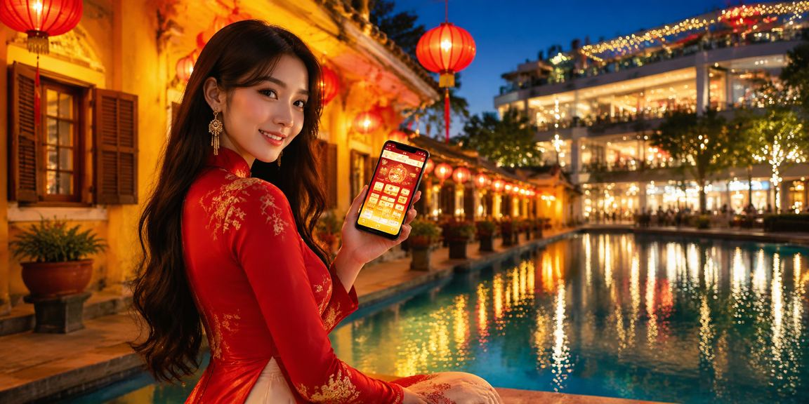 Người dùng tại Hội An trải nghiệm casino app trên điện thoại buổi tối phố cổ